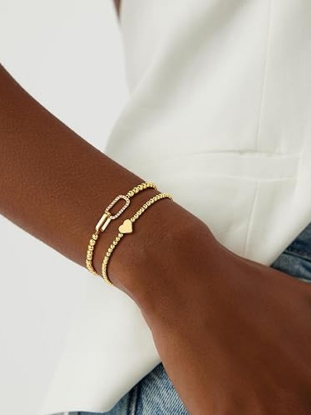 14K Gold Plated Bow Beaded Bracelet Set for Women & Teen Girls | Stackable - Picture 6 of 6